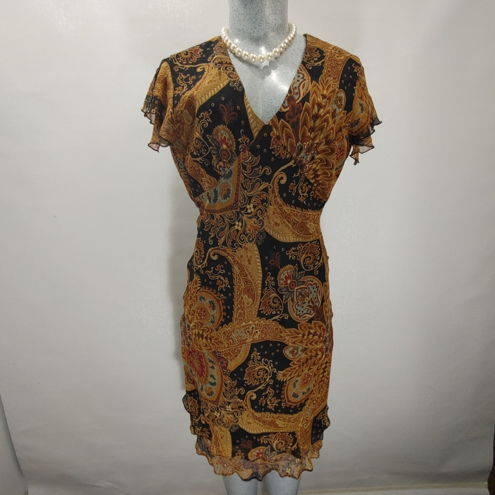 Citrine 100% Silk Floral Cap Sleeves Dress Size 8